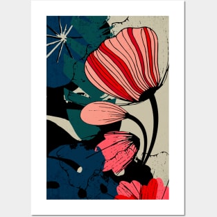 Flowers and leaves – Floral illustration in red, rose and dark colors Posters and Art